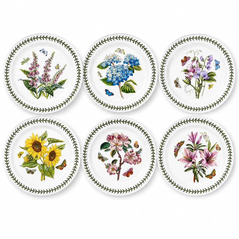 Portmeirion Botanic Garden Set of 6 Dinner Plates, White with Floral Motifs, 25cm