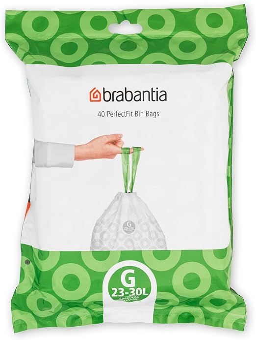 Brabantia PerfectFit Bin Liners, Tear-Resistant, Size G/23-30L (40 Bags) | Tie Tape Drawstring Handles, Thick Plastic Trash Bags, Hassle-Free Changing, White With Green Tie Handles