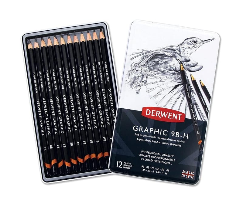 Derwent Graphic Pencils, Set of 12 Soft Graphite 9B-H, Sketching Tin