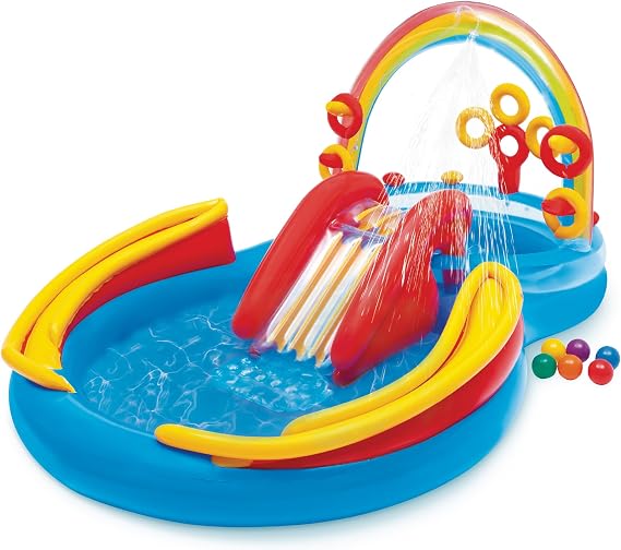 Intex 57453EP 9.75Ft x 6.3Ft x 53 Inch Multicolor Rainbow Slide Kids Inflatable Pool with Water Slide and Ring Toss for Children Ages 2 and Up