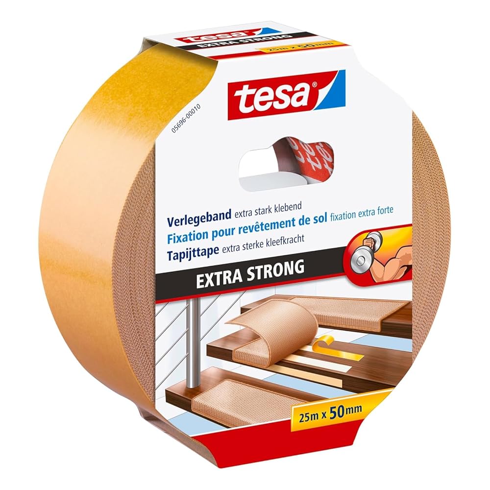 tesa Flooring Tape, Extra Strong Adhesive, Double Sided Adhesive Tape for Laying Carpet and PVC Flooring, 25m x 50mm