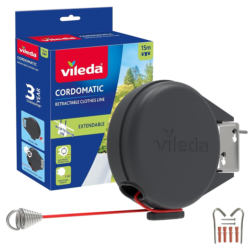 Vileda Single Cordomatic Retractable Washing Line, 15m, Holds up to 15kg | Extendable Clothes Line with Automatic Retraction, UV-Protected Case & Steel Fittings, Wall Mounted for Indoor & Outdoor Use