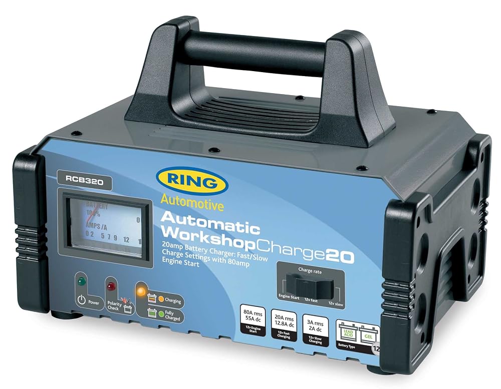 Ring Automotive RCB320 Fully Auto Battery Charger/Engine Start, Metal Case, 12V, 20/80A
