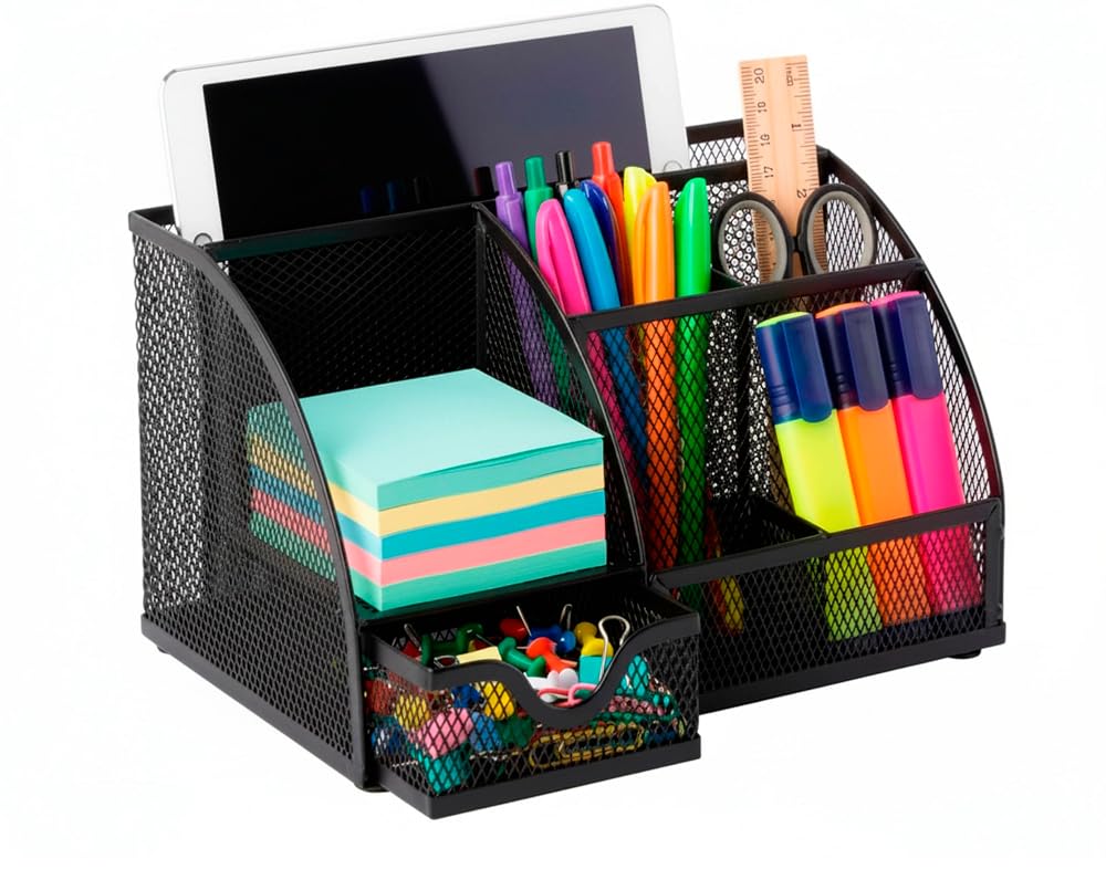 Osco Small Wiremesh Desk Organiser, Metal Mesh Pen Pot Desk Tidy with 6 Compartments & Single Drawer, Desktop Stationery Storage for Office & Home, Black