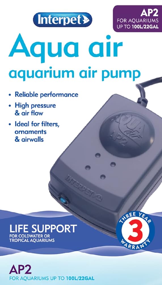 Interpet Aqua Air Oxygen Pump for Aquarium Fish Tank Aeration, Quiet, Powerful, 1 Outlet, AP2 for Aquariums 51-100 Litre