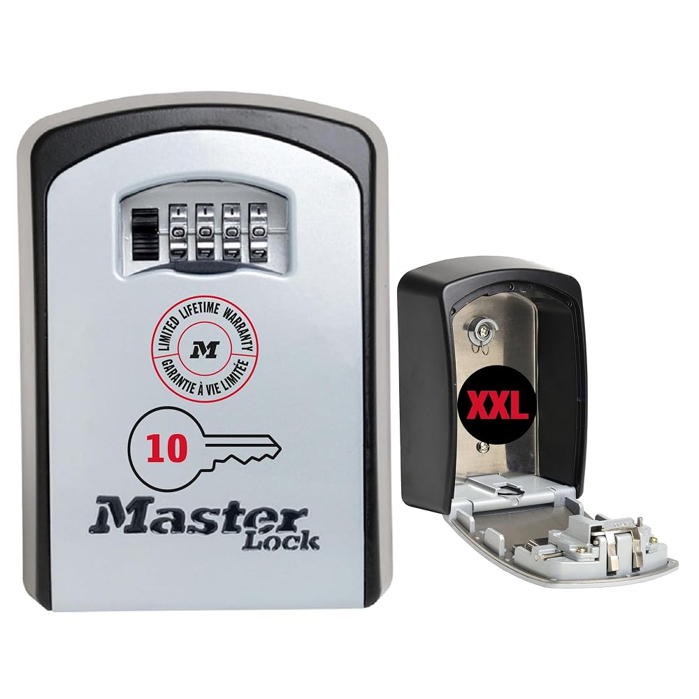 Master Lock Extra Large Key Safe Wall Mounted, XL 106 x 146 x 53 mm, Outdoor, Mounting Kit Included, Black & Silver