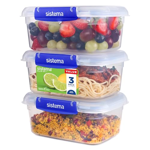 Sistema KLIP IT Food Storage Containers, 1 L, Stackable Food Prep Container with Clip-Close Lids, Blue Clips, 3 Count