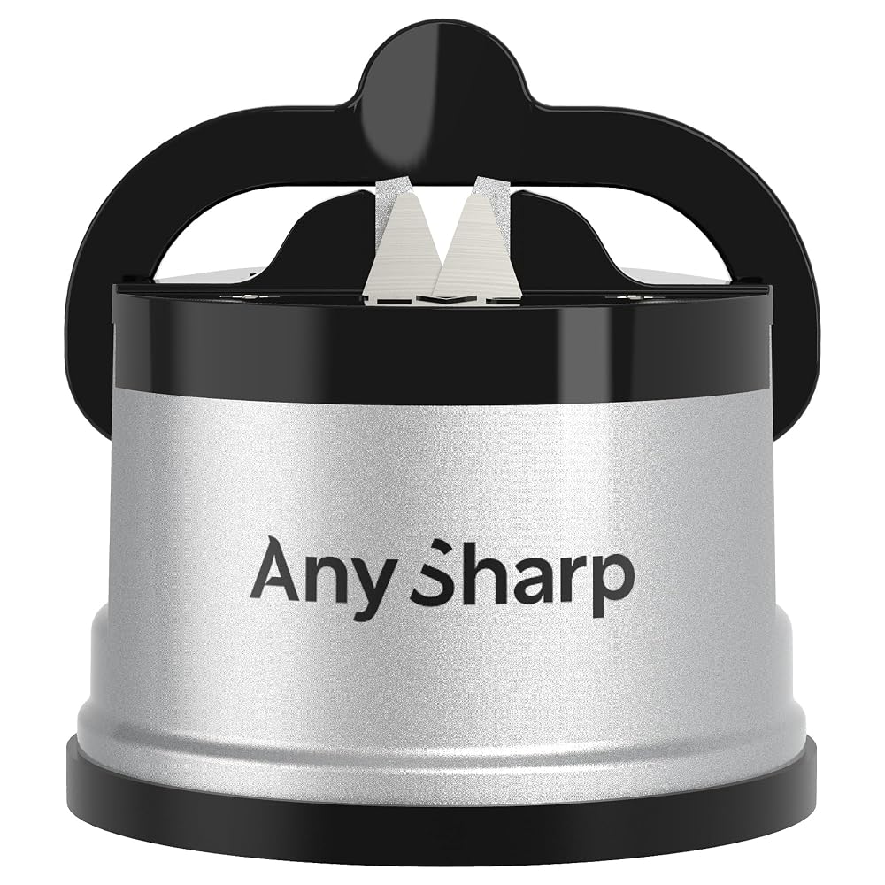 AnySharp Knife Sharpener, Hands-Free Safety, PowerGrip Suction, Safely Sharpens All Kitchen Knives, Ideal for Hardened Steel & Serrated, World's Best, Compact, Black