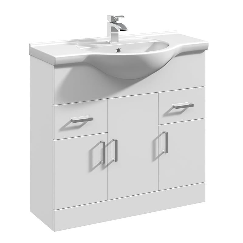 Bathroom Vanity Unit & Basin, 850mm Gloss White, 3 Cupboards 2 Drawers