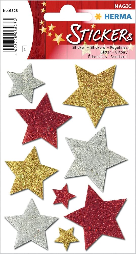 HERMA 6528 Stickers, Stars Gold Silver Red, Large Pack of 9 Foil Star Stickers