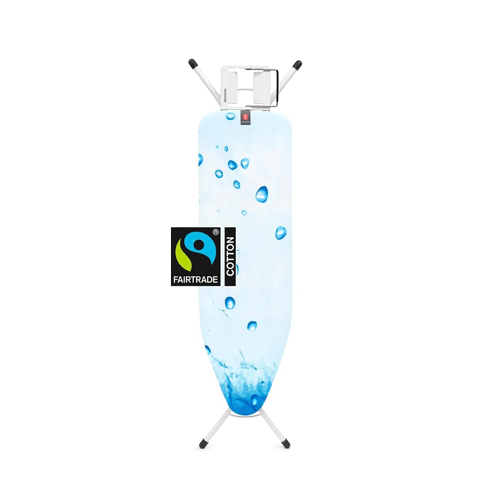 Brabantia Ironing Board B, With Steam Iron Rest, Adjustable Height, Non-Slip Rubber Feet, Cotton Cover with Foam Layer, Foldable, Ice Water, 124 x 38cm