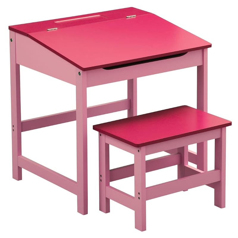 Childrens Pink Desk and Chair Set with Pull-Up Lid Storage and Raised Book Shelf