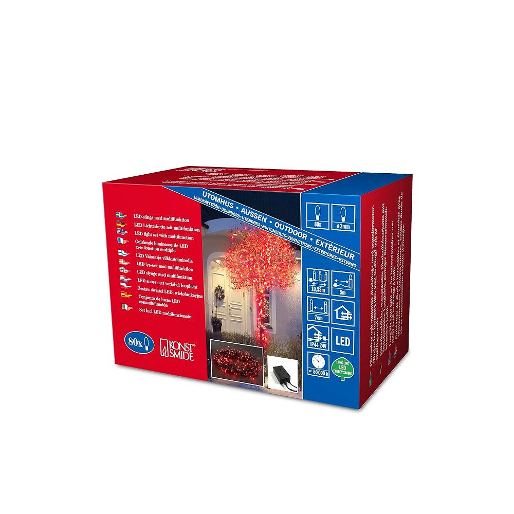 Konstsmide LED Fairy Lights, 80 Red Multi-Function String Lights, Mains Powered, Indoor/Outdoor