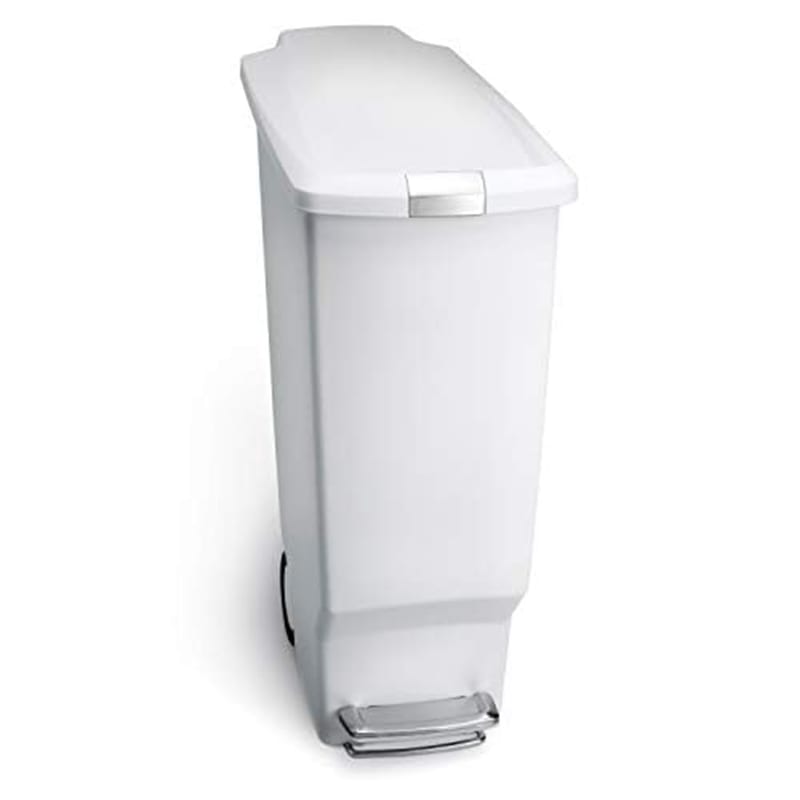 simplehuman CW1362 40L Slim Recycling Kitchen Pedal Bin with Lid Lock, Silent Soft Close Lid, Built In Wheels, Stay-Open Lid, White Plastic