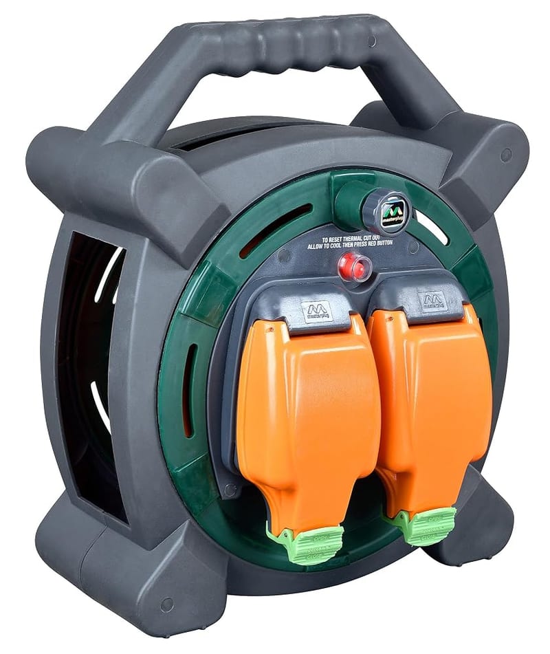 Masterplug Two Socket Retractable Weatherproof Case Reel, Wind-Up Power Cord Reel, Thermal Cut Out, 20 Metre Cable, Outdoor Power, Grey/Orange