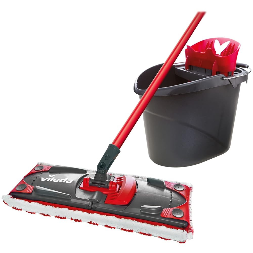 Vileda UltraMax Flat Mop and Bucket Set, Hands-Free Wringing, 180° Swivel Head
