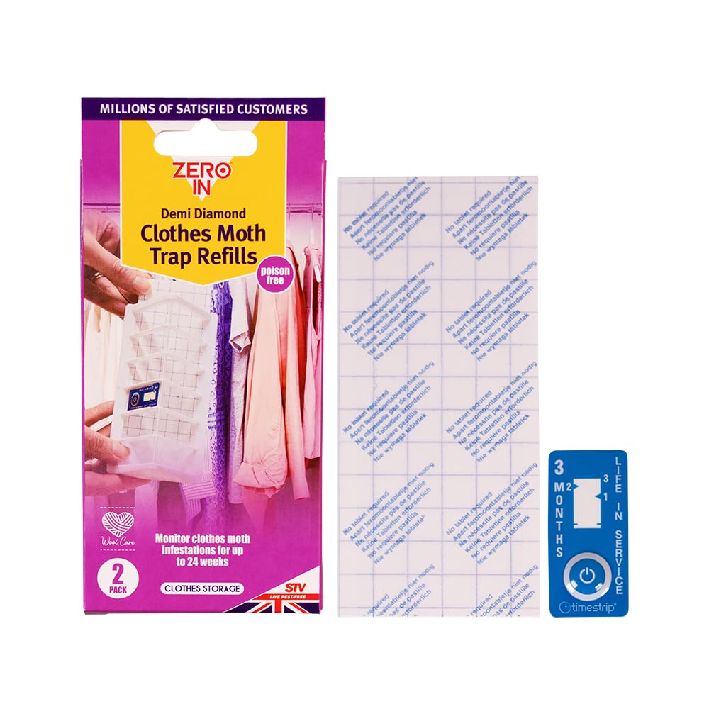 Zero In Demi-Diamond Clothes Moth Trap Refill Pads 2 Pack – Pheromone Glue Boards, Monitors Infestations up to 24 Weeks