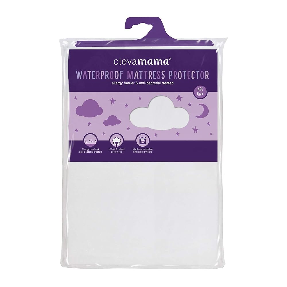 ClevaMama Waterproof Mattress Protector, Cotton Fitted Sheet for Baby Cot Bed - White - 60x120x15cm