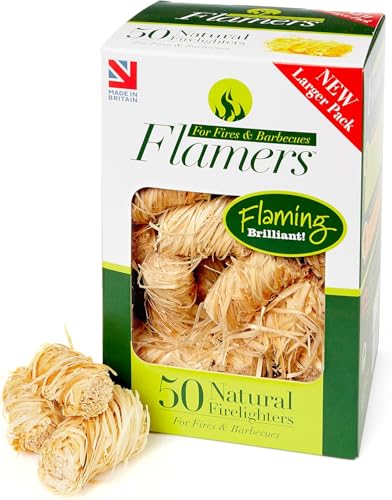 Flamers Firelighters - 50 Units Natural Fire Lighters for Wood Burner Firepit Bbq Pizza Oven Fireplace Chimenea Barbecue Fire Starter - Firestarter for Kiln Dried Kindling Log Coal Charcoal Briquette