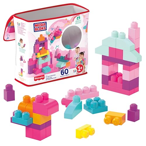 MEGA BLOKS Big Building Bag building set with 60 big and colorful building blocks, and 1 storage bag, toy gift set for ages 1 and up, DCH54, Pink