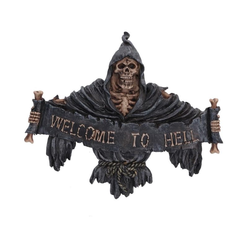 Welcome To Hell Grim Reaper Hanging Sign 25cm, High Quality Resin Grim Reaper Wall Plaque with Intricate Detailing