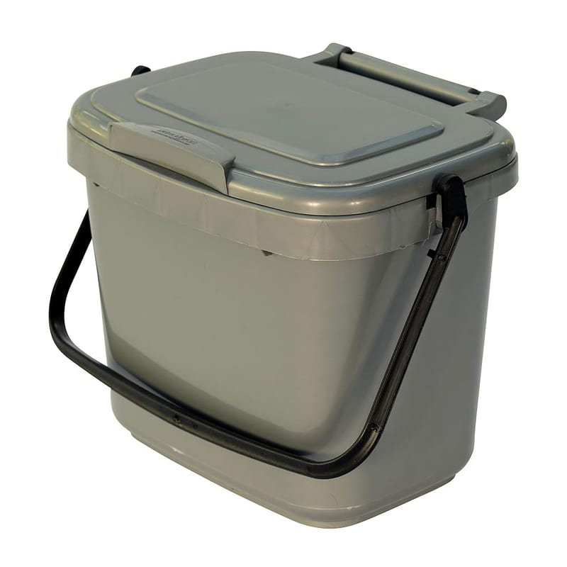 Silver Grey Kitchen Compost Caddy (5L - Small) - for Food Waste Recycling, 5 Litre Plastic Composting Bin