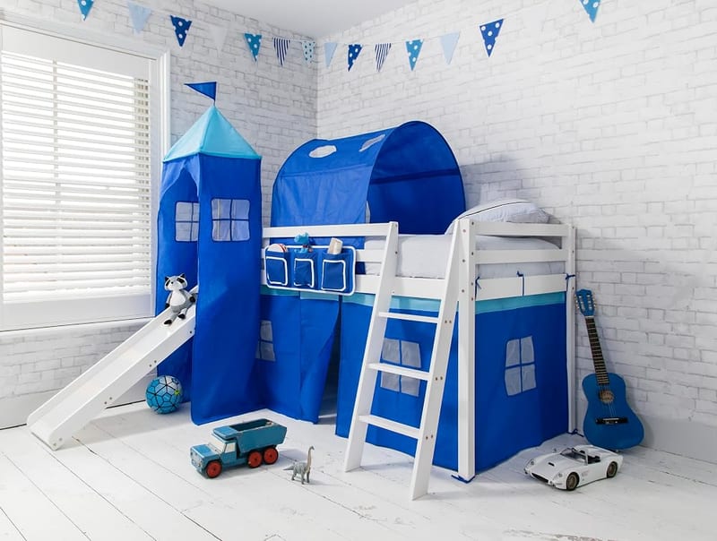 Nöa & Nani Mid Sleeper Bed with Blue Kids Slide - Wooden Bunk Bed for Kids with Tent, Tower, Tunnel & Reversible Ladder - Fun Castle Single Bed Frame with Underbed Play Den & Storage Space