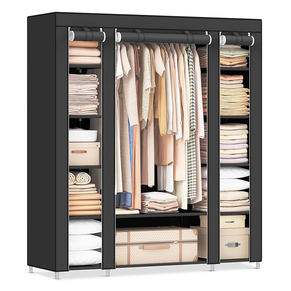 SONGMICS Fabric Wardrobe, Portable Wardrobe with 12 Compartments, Metal Frame, Black