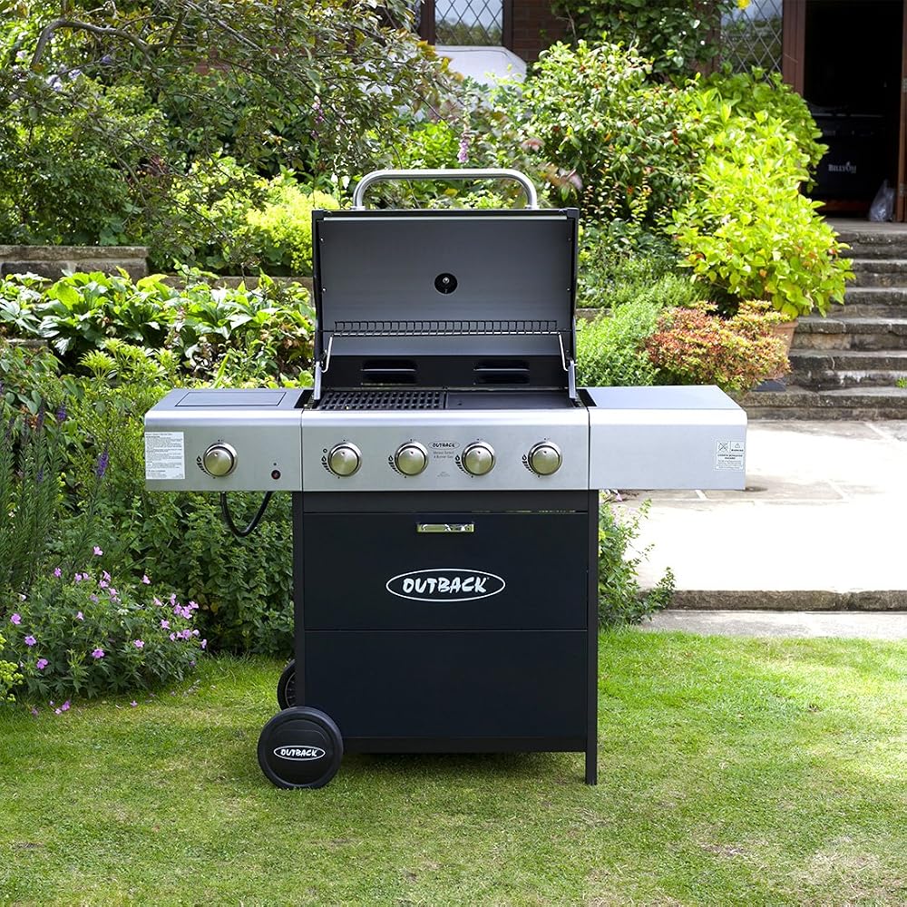 Outback Meteor Hooded Barbecue, 4 Burner Gas BBQ with Side Burner, Dark Blue