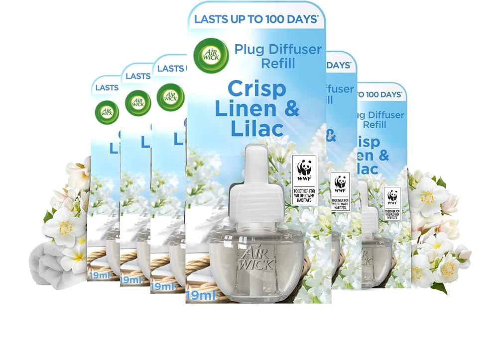 Air Wick Electrical Plug In Refills with Essential Oils, Crisp Linen and Lilac, 19ml Refill x 6