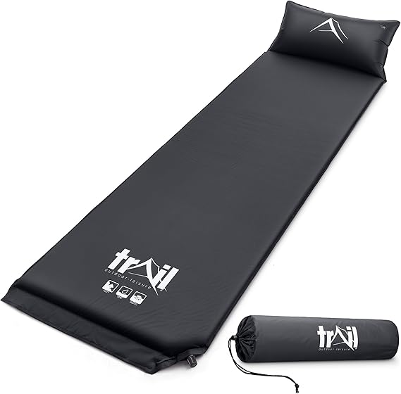 Trail Self Inflating Camping Mat With Pillow, Single, Black | 2.5cm Expanding Foam Core, Integrated Pillow, Water-Resistant PU Shell, Roll Straps & Carry Bag
