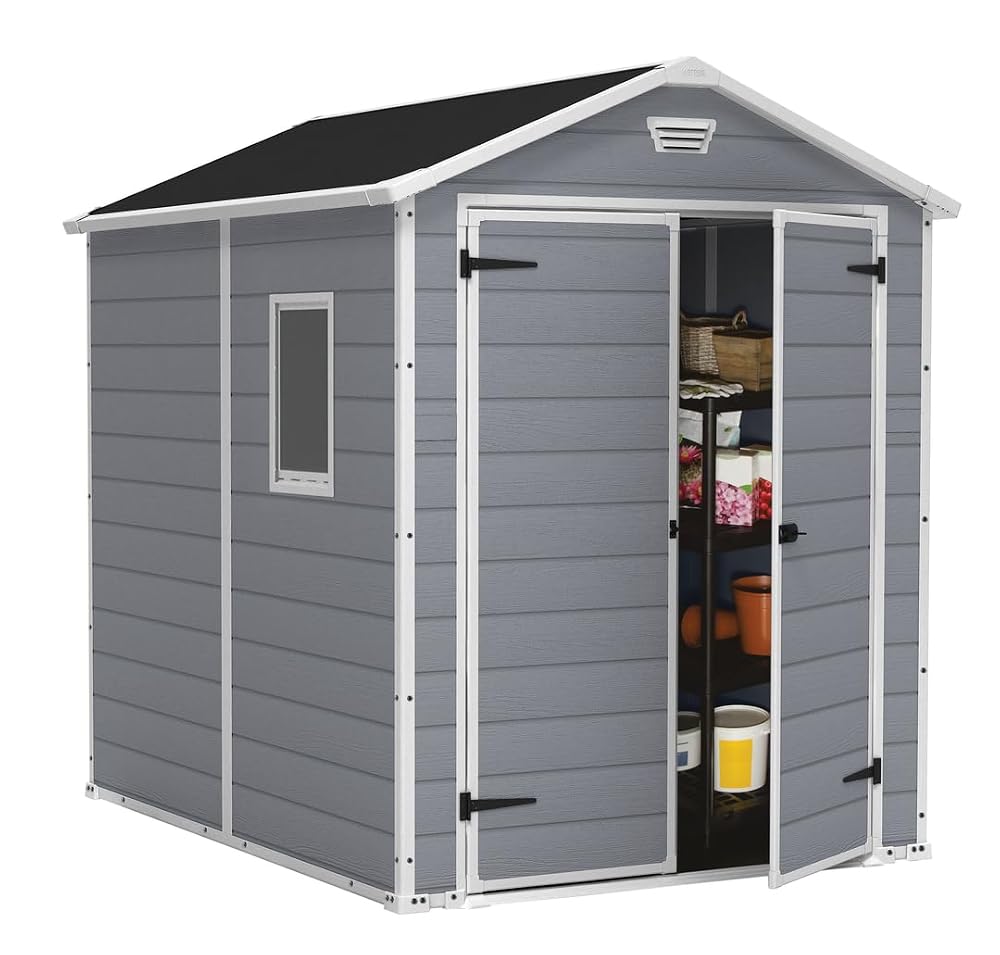 Keter Manor Outdoor Plastic Garden Storage Shed, Grey, 6 x 8ft