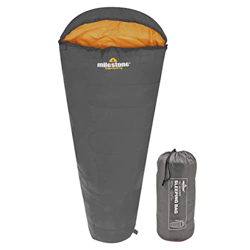 Milestone Camping Mummy Sleeping Bag for Adults & Kids / 2 Season Sleeping Bag for Camping, Hiking, Festivals & Outdoor Adventures/Insulated Filling with Drawstring Hood/Grey & Orange 27000