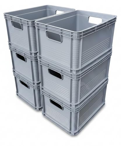 Pack of 6 – 20 Litre Euro Stacking Storage Boxes, Heavy Duty Plastic Containers, Food Grade, 30kg Load, 400x300x220mm, Industrial Warehouse Garage Storage Bins (Grey)