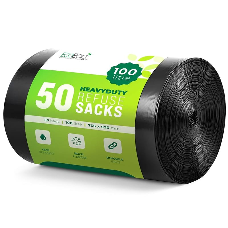 EcoBag Refuse Sacks, Recyclable & Leak Resistant, 100L Strong (33 Micron), 50 Pack, 98% Recycled Plastic, for Large Kitchen & Pedal Bins