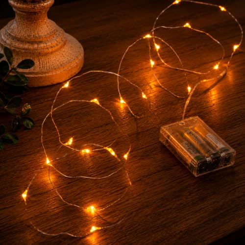 Festive Lights 2m 20 LED Battery Powered Decorative Micro Firefly Fairy String Lights with Silver Wire, Christmas Home Indoor Bedroom, Living Room, Reception, Wedding Decor, Tree Decoration - Amber