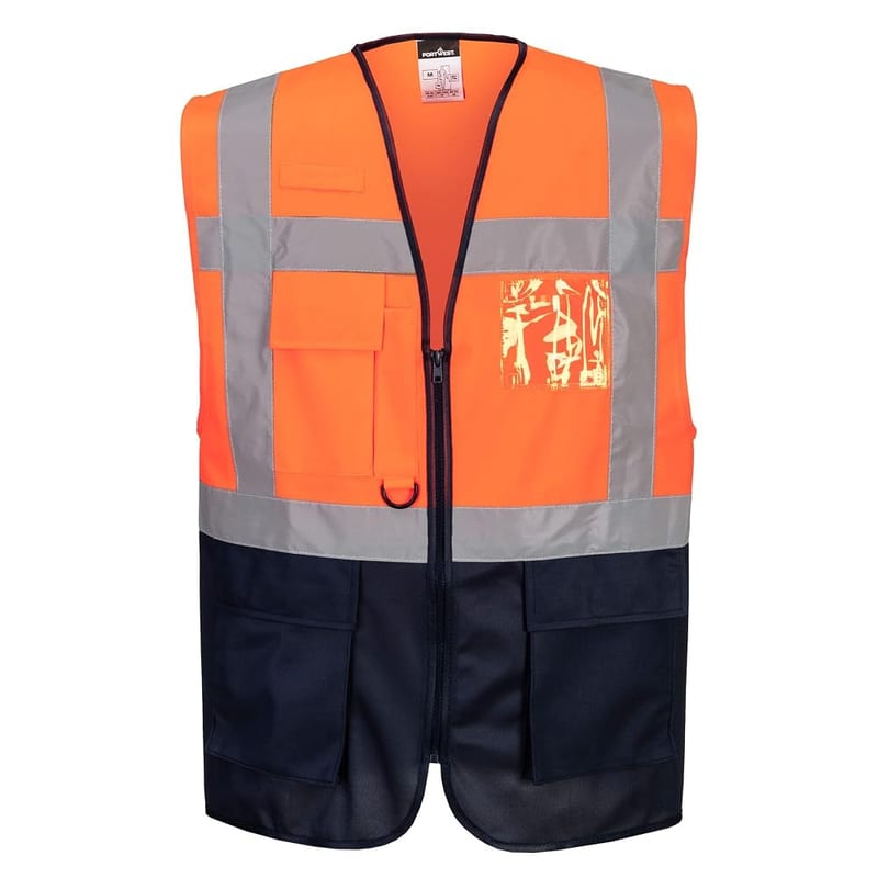 Portwest C476 Warsaw Executive Hi Vis Vest with Pockets and Zip, Orange/Navy