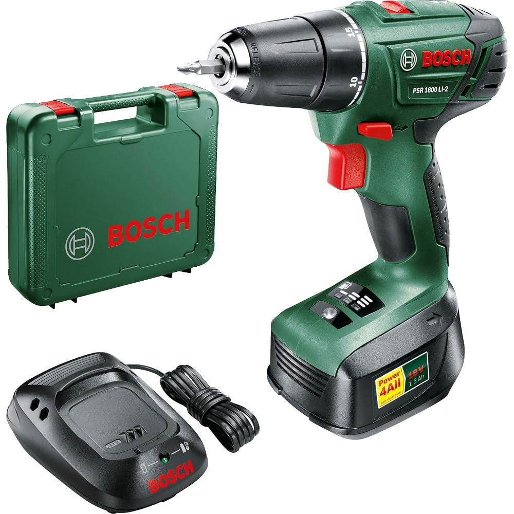 Bosch PSR 1800 LI-2 Cordless Lithium-Ion Drill Driver Featuring Syneon Chip, 1.5 Ah (with 1 x 18V Battery)