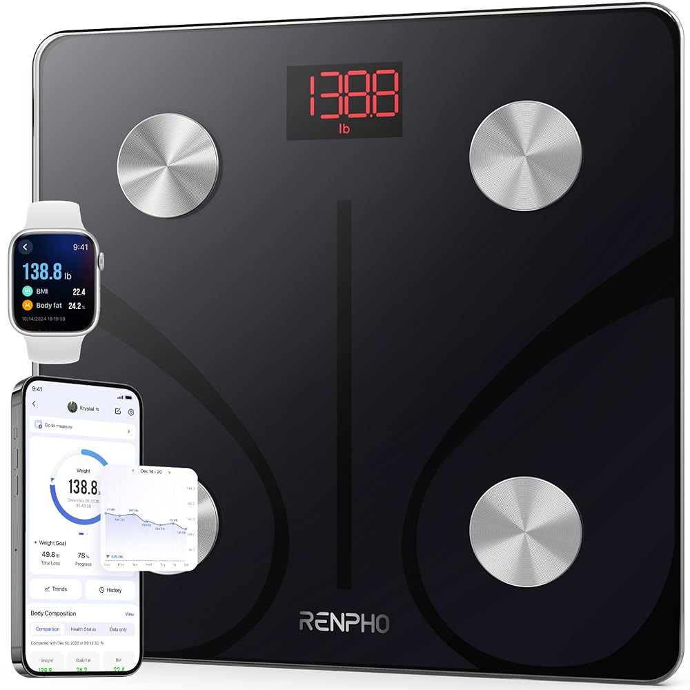 Smart Weigh High Precision Bathroom Body Fat Scale with Tempered Glass Platform, Eight User Recognition