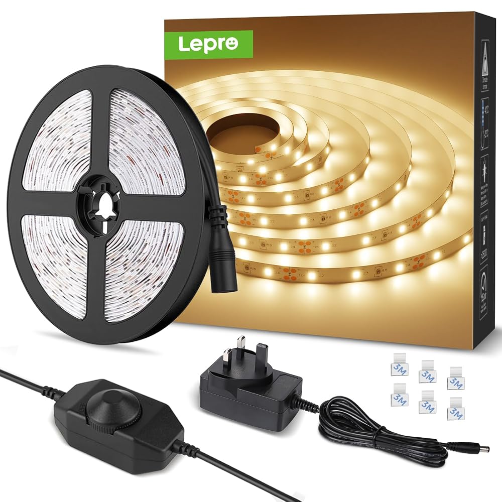 Lepro Warm White LED Strip Light 5M 300 LEDs, Dimmable LED Tape with Plug and Dimmer Switch