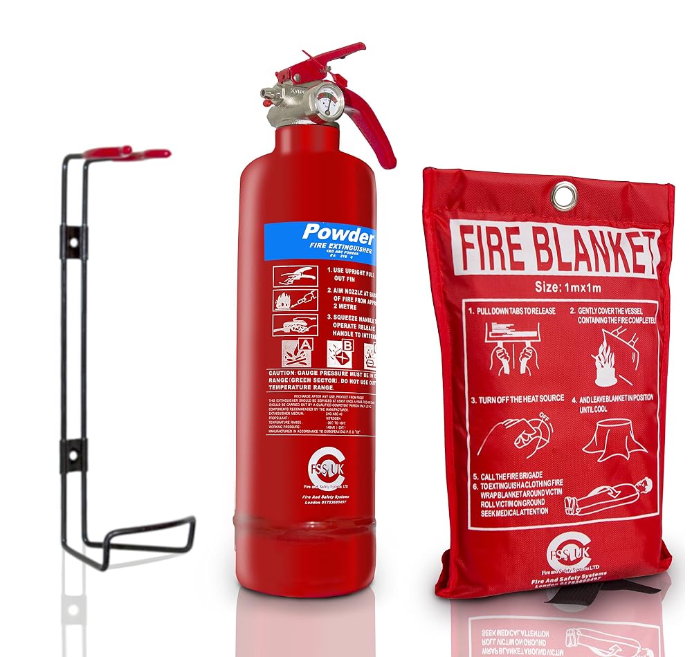 Premium FSS UK 1 KG ABC Dry Powder BSI Kitemarked Fire Extinguisher with CE Marked Fire Blanket — Ideal for Homes, Boats, Kitchens, Workplaces, Cars and Garages
