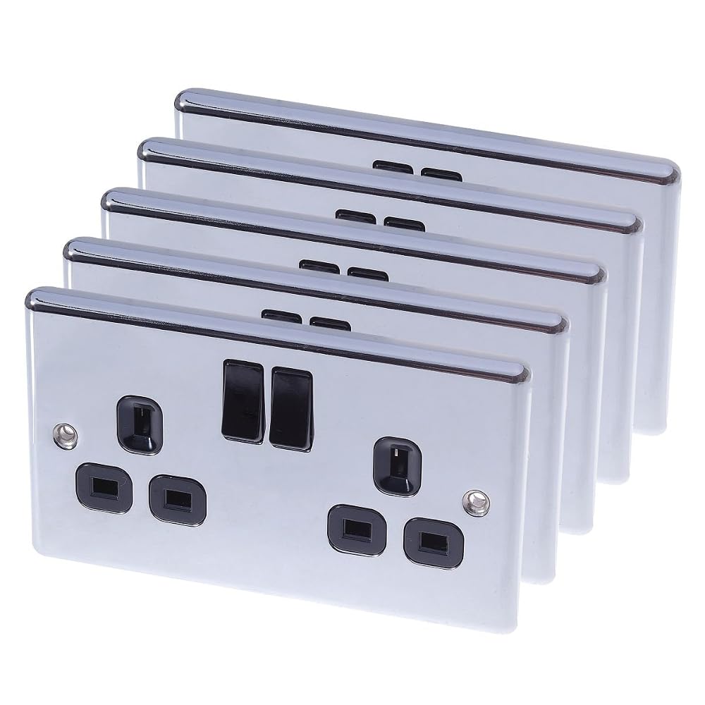 LAP 13A 2-Gang SP Switched Plug Sockets, Polished Chrome, Pack of 5