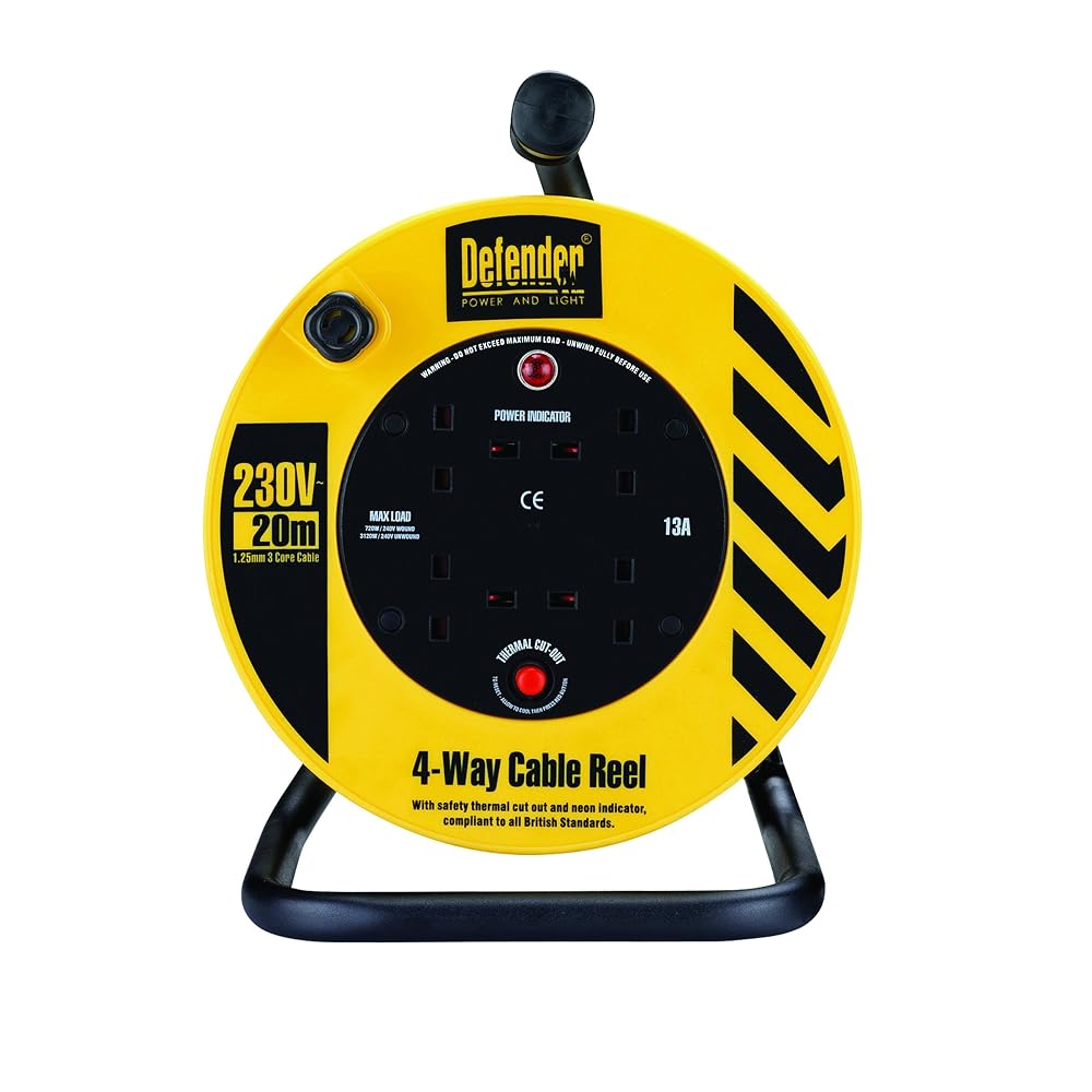 Defender E86465 13A 4 Way Light Industrial Cable Reel, 240V, 20m