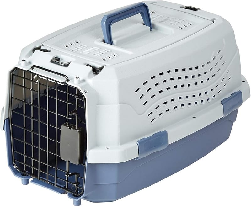 Amazon Basics Hard-Sided Cat Carrier, Two-Door Top-Load Pet Travel Box, Blue