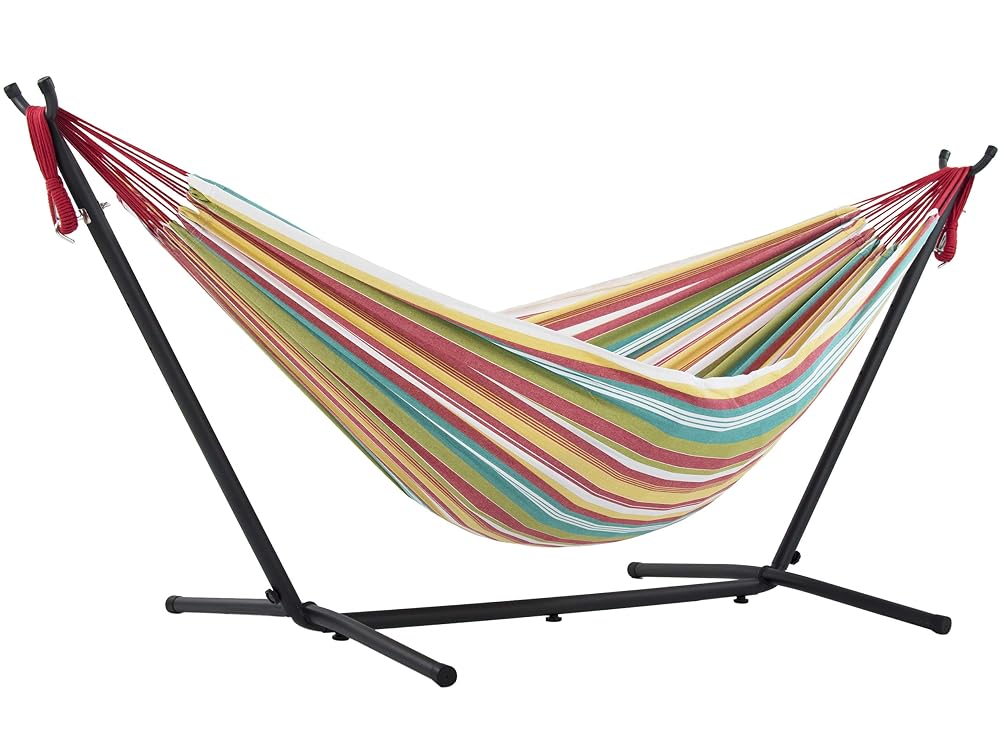 Vivere Double Cotton Hammock with Space-Saving Steel Stand