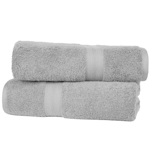 Amazon Basics Bath Towels for Bathroom, 100% Cotton Fade Resistant Towel Set, Soft and Absorbent, 70 x 140 cm, Grey, 2-Pack