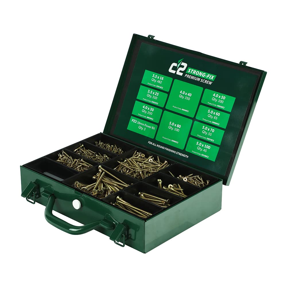 TIMCO C2 Strong-Fix Premium Multi-Purpose Screws, Assorted Trade Case, Gold, Box of 1800