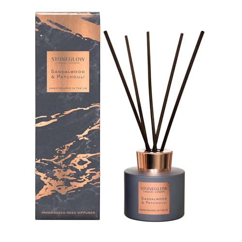 Stoneglow Luna Collection Sandalwood & Patchouli Scented Reed Diffuser 120 millilitre with Amber & Musk Notes, Lasts 10 Weeks, 10 Rattan Reed Diffuser Sticks, Refillable & Reusable Home Air Freshener