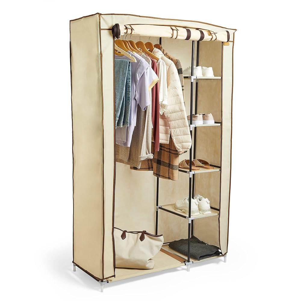 VonHaus Double Canvas Effect Wardrobe Clothes Cupboard Hanging Rail Storage, 6 Shelves, Beige