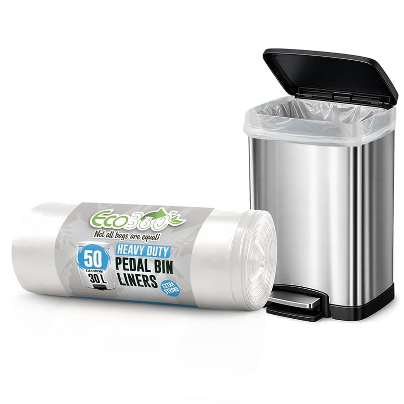 EcoBag - 50 Pack Heavy Duty White Bin Liners - 30 Litre - 15 Microns - Extra Strong, Leak-Proof, Tear-Resistant Bags for Pedal Bins, Kitchen, Home & Office